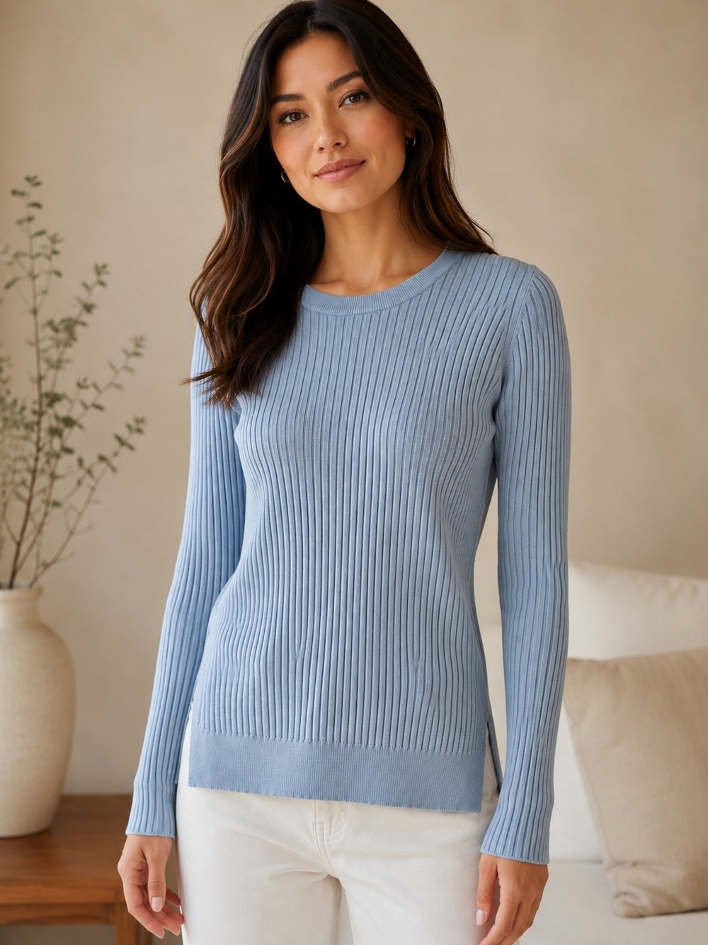 Athleta Light Blue Ribbed Knit Long Sleeve Top - Picture 1 of 9